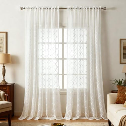 VOGOL Geometric Embroidered Sheer Curtains, Voile Drapes, 52 x 84, 2 Panels - color: Plaid, size: 52"W x 84"L (Pack of 2)