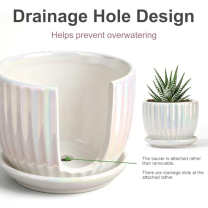 Plant Pots,Ceramic Flower Pots with Drainage Holes & Saucer Set of 3（Pearl） - color: Pearl White
