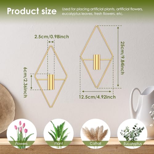 4Pcs Hanging Vase Wall Décor Metal Eucalyptus Wall Art Modern Diamond Shape Geometric Room Ornament for Living Room Balcony