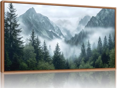 YeeHomedec Large Mountain Framed Canvas Wall Art, Modern Calming Forest Wall Decor, Misty Nature Mountains Art Painting, Wooden Pine Trees Artwork for Living Room Bedroom Farmhouse 20"x40" - color: Misty Mountain, size: 40"L x 20"W