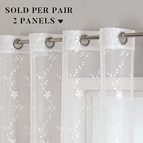 WUBODTI White Sheer Lace Curtains 72 Inches Long 2 Panels for Living Room, Luxury Vine Floral Embroidered Grommet Sheer Curtain White Elegant Tulle Curtain Drapes for Bedroom, Girls Room Decor - size: 52"W x 72"L (Pack of 2)
