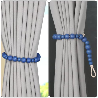 Boho Wood Bead Curtain Tiebacks Curtain Holdbacks with Hooks - color: Navy Blue