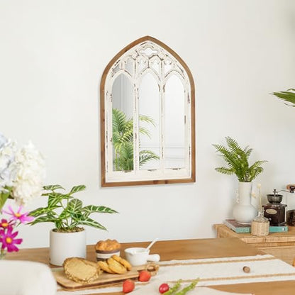 Arch Window Wall Mirror - Farmhouse Cathedral Wall Decor with Wooden Frame for Entryway Hallway Living Room - 16.14" x 1.38" x 25.2"