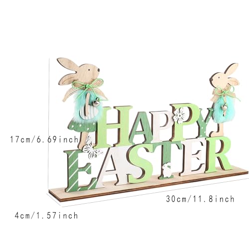 Easter Wooden Bunny Table Decorations Cute Easter Rabbit Tiered Tray Decor Rustic Bunny Table Centerpiece Sign for Spring Home, Farmhouse Tabletop Ornament(Green)