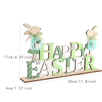 Easter Wooden Bunny Table Decorations Cute Easter Rabbit Tiered Tray Decor Rustic Bunny Table Centerpiece Sign for Spring Home, Farmhouse Tabletop Ornament(Green)