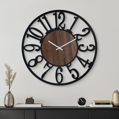 30" Silent Large Wall Clock – Glow Night Light, Battery Operated - color: Black Walnut - Arabic Numerals, size: 30 inch