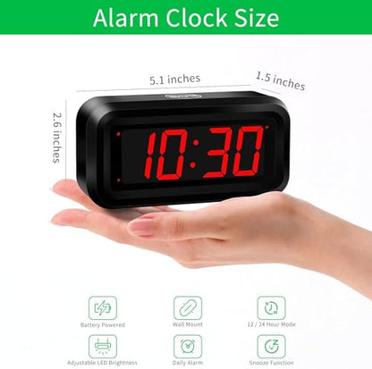 Alarm Clock,1.2'' LED,Cordless,Battery Operated,3-Level Brightness,12/24Hr - color: Black Case-red Led