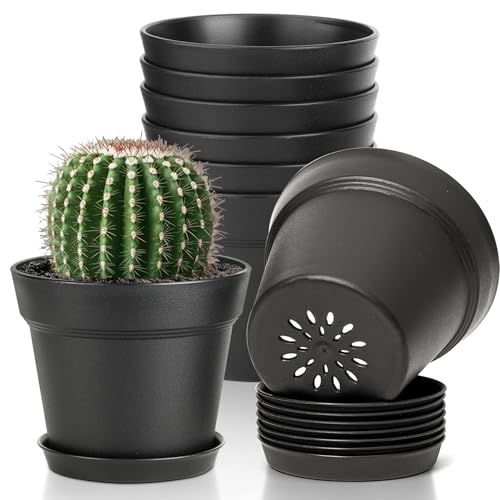 T4U Small Plant Pots 4 Inch 8 Pack, Plastic Indoor Flower Pots Saucer Black - color: Black, size: 4 inch