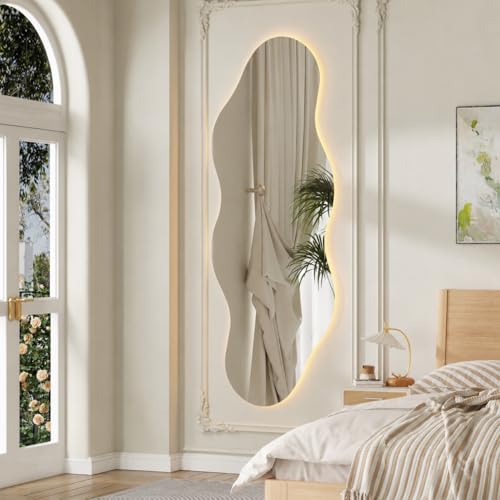 QDSSDECO 63" x 24" Wavy Full-Length Mirror with Stand, Frameless - color: Led Cloud-2