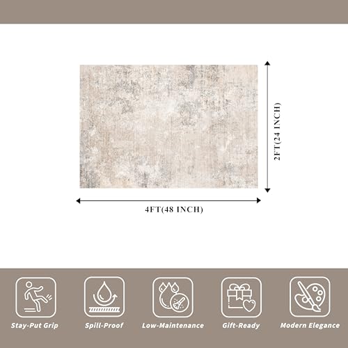 2x4 Washable Non-Slip Runner Rug – Small Throw Rug for Kitchen Floor, Bedroom, Entryway, Bathroom, Bedside – Modern Abstract Neutral Low-Pile Thin Indoor Door Mat (Beige Grey,2x4) - color: Beige Grey, size: 2' x 4' (Rectangular)