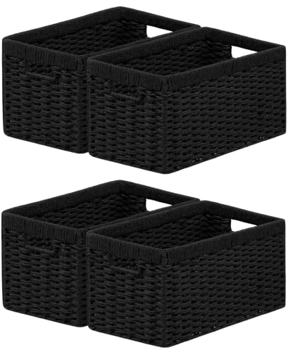 joybest Black Wicker Baskets for Shelves, Hand-woven Storage Baskets - color: Black, size: 4 Pack 13.4L x 8.3W x 7.1H inch