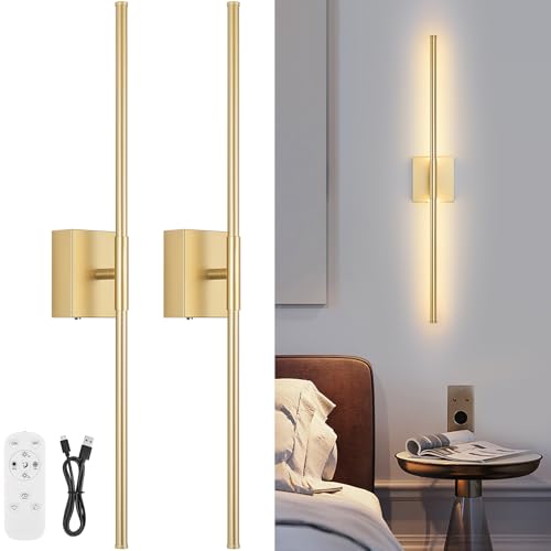 Battery Operated Wall Sconce Set of Two with Remote Control, 3000K-6000K Dimmable Gold Wall Lights, Timable LED Wireless Wall Sconces, 350° Ratate for Bathroom, Living Room, Hallway 29.1 Inch - color: Gold, size: 29.1in(2 Pack)