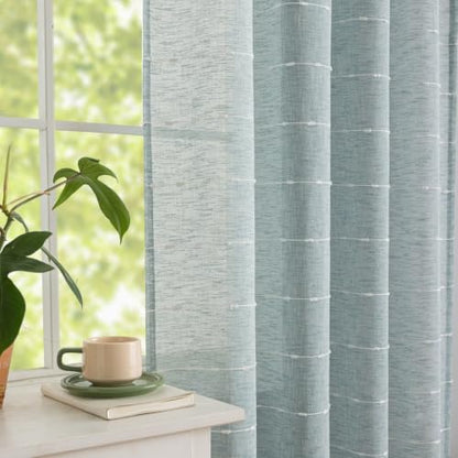 Blue Sheer Curtains 63 Inches Boho Striped Faux Linen 2 Panels - color: Blue, size: 52"W x 63"L (Pack of 2)