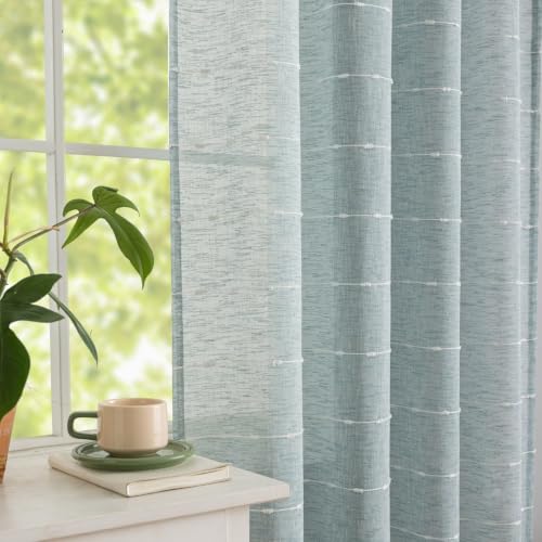 Blue Sheer Curtains 63 Inches Boho Striped Faux Linen 2 Panels - color: Blue, size: 52"W x 63"L (Pack of 2)