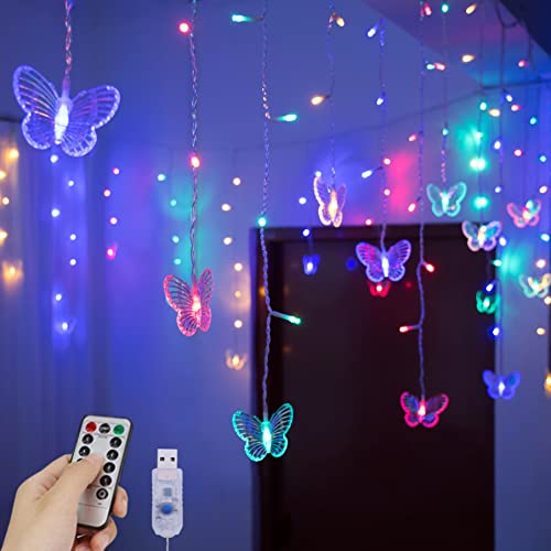 YOLIGHT Butterfly Curtain Lights 13ft 96 LED Fairy Light 8 Modes String Lights with Remote, Butterfly Hanging Decoration for Bedroom Garden Wall Ceiling Party Wedding Holiday Christmas (Multicolor) - color: Multicolor