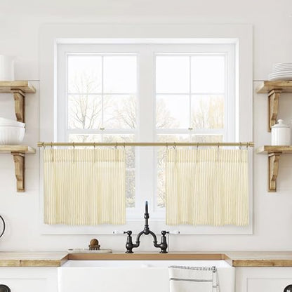 Lino Rosa Yellow 18 Inch Length Striped Kitchen Pinch Pleat Small Curtains with Hooks for Bathroom Windows - color: Yellow, size: 24"W x 18"L (Pack of 2)