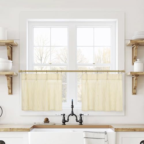Lino Rosa Yellow 18 Inch Length Striped Kitchen Pinch Pleat Small Curtains with Hooks for Bathroom Windows - color: Yellow, size: 24"W x 18"L (Pack of 2)