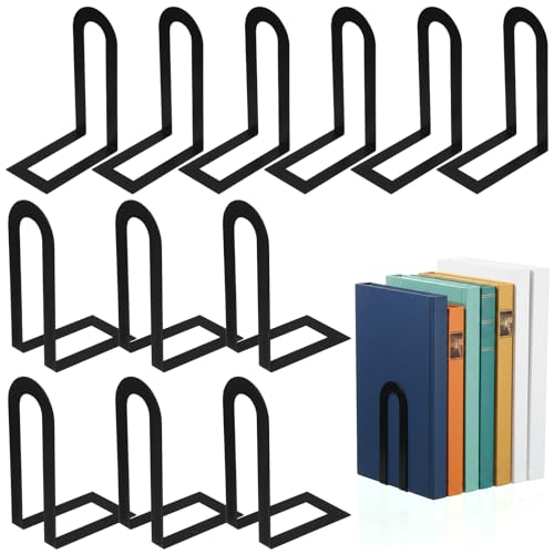 12 Pcs Black Book Ends, Heavy Duty Metal Book Ends for Shelves
