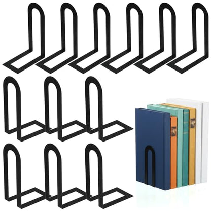 12 Pcs Black Book Ends, Heavy Duty Metal Book Ends for Shelves