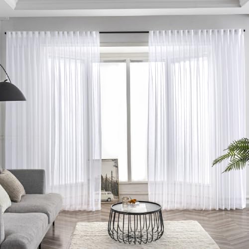 White Pinch Pleated Sheer Curtains 108 Inches Long Sliding Glass Door Linen - color: Bright White, size: 50"W x 108"L (Pack of 2)