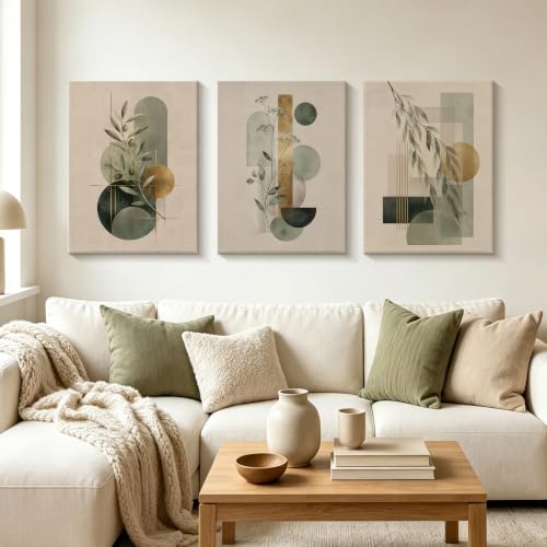CUQQI Neutral Abstract Wall Art Set, Green Gold Canvas Prints 16x24In - color: Fern lines, size: 24" H x 16" W x 3Pcs