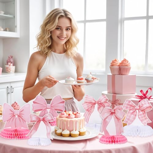 12 Pcs Pink Bow Honeycomb Centerpieces for Birthday Party Decor - style: Pink Bow