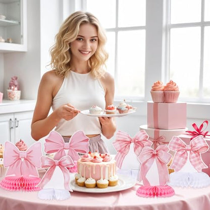 12 Pcs Pink Bow Honeycomb Centerpieces for Birthday Party Decor - style: Pink Bow