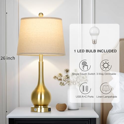 Rinweey 26" Gold Table Lamp for Living Room Single, Touch Control Bedside Lamp for Bedroom, 3-Way Dimmable End Table Lamp for Nightstand with USB Charging Port (1 Pack) - color: Gold (1 Pack)