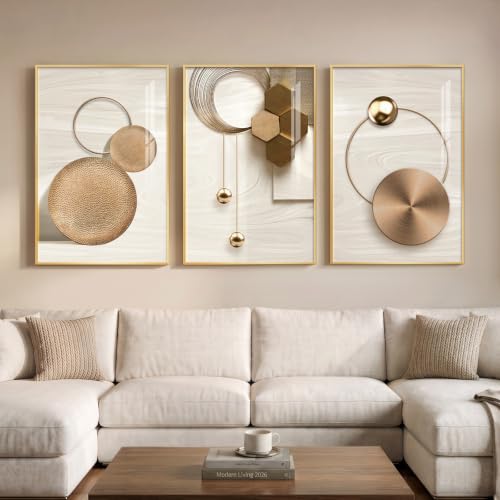 Large Framed Modern Luxury Gold Wall Art for Living Room, 3 Piece 24x36 In - color: Gold Circle Trio, size: 24" W x 36" H x 3 pieces