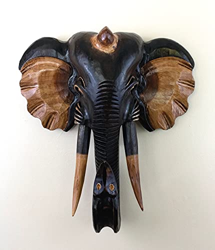 G6 COLLECTION Exotic Hand-Carved Wooden Brown Elephant Head Wall Sculpture – Large Rustic Bust, Hanging Home Decor, Animal Wall Art, Handcrafted Wood Accent, Tribal Elephant Wall Mount Decor (16" Tall) - size: 16" Tall