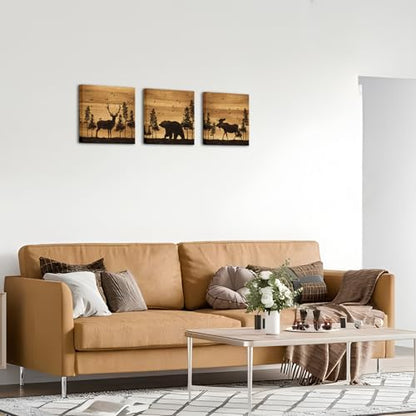 Apicoture Bear Elk Moose Wall Pictures Forest Landscape Hunting Theme Woodland Animal Painting Framed Canvas Artwork Farmhouse Wall Decor 12"x12"x3 Panels