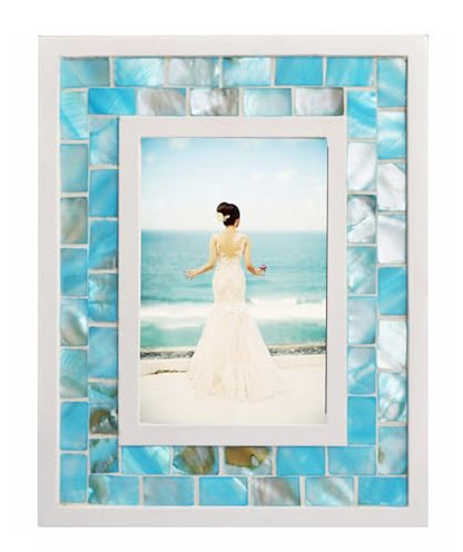 Mother of Pearl Beach Picture Frame 4x6, Blue | Natural Pearl,Turquoise Tabletop or Wall Hanging, Mosaic Glass Photo Frame, 1pc - color: Blue, size: 4x6 Inch