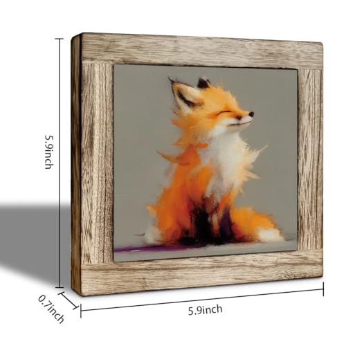 Fox Desk Decor Wooden Box Sign 5.9x5.9, Rustic Animal Oil Painting Style Tabletop Plaque, Cozy Woodland Shelf Counter Accent, Minimalist Housewarming Gift for Home