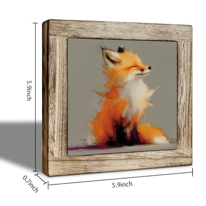 Fox Desk Decor Wooden Box Sign 5.9x5.9, Rustic Animal Oil Painting Style Tabletop Plaque, Cozy Woodland Shelf Counter Accent, Minimalist Housewarming Gift for Home