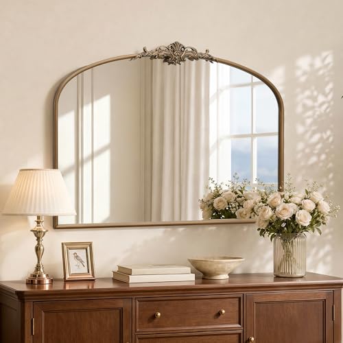 Besdomus Vintage Arched Gold Mirror: 40"x29" Large Brass Antique Decorative - color: Brass Gold, size: 29"L x 40"W