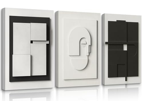 3Pcs Black and White Abstract Wall Art Modern Minimalist Abstract Wall Decor Pictures Effect Textured Canvas Prints Geometric Texture Posters Painting for Living Room Hallway Office(16x24in Canvas) - color: Black-nk, size: 16L" x 24W"