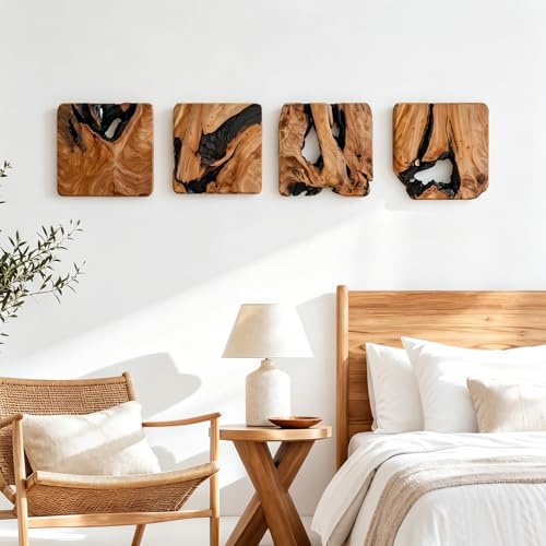 BOTALEGRE 4-Piece Cedar Wood Wall Art Set, Rustic Abstract Home Decor