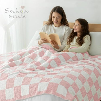 Exclusivo Mezcla Checkered Knit Blanket Twin Size for Bed, Pink - color: Pink, size: Twin (60"x80")
