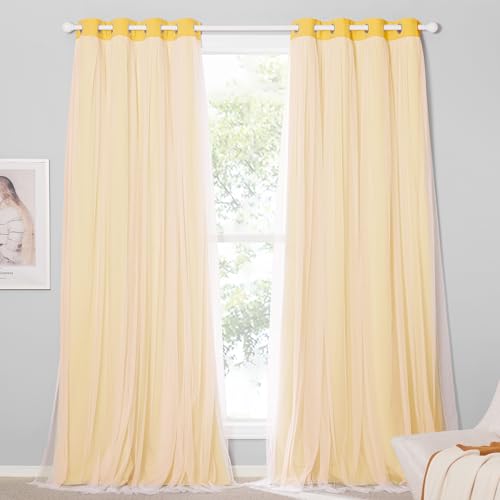 Lemon Yellow Blackout Curtains with White Sheer Overlay for Girls Bedroom - color: Lemon Yellow, size: 52"W x 84"L (Pack of 2)
