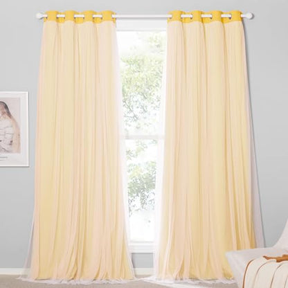 Lemon Yellow Blackout Curtains with White Sheer Overlay for Girls Bedroom - color: Lemon Yellow, size: 52"W x 84"L (Pack of 2)
