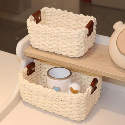 QINGTUHONE Woven Paper Rope Wicker Basket for Organizing(Set of 3,Beige) - color: Beige