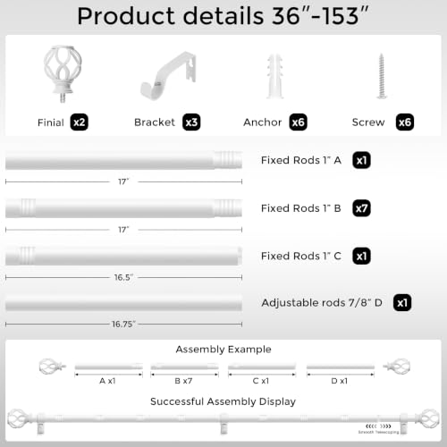 White Curtain Rod 36-153 Inch, 1 Inch Curtain Rods for Windows - color: White, size: 36"-153" (1 Pack)