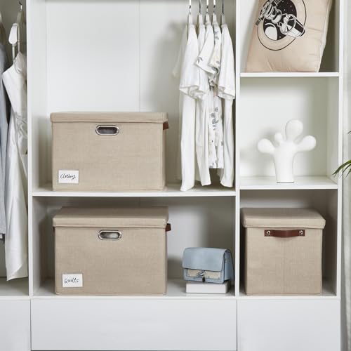 17" Large Fabric Storage Box with Lids, 3-Pack, Khaki - color: khaki, size: Large-17"