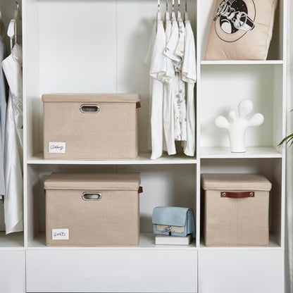 17" Large Fabric Storage Box with Lids, 3-Pack, Khaki - color: khaki, size: Large-17"