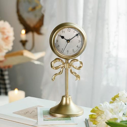 NIKKY HOME Small Gold Bow Table Clock, Silent Elegant Mantel Decor