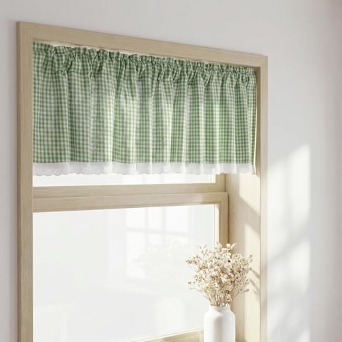 Farmhouse Valance Curtains, Cotton Kitchen Valance Rustic Style Window Valance Half Curtain for Living Room Bathroom Cafe, Rod Pocket, Green White Gingham Plaid, 59 X 12 Inch - color: Green White Gingham Plaid, size: 59"W x 12"L (Pack of 1)