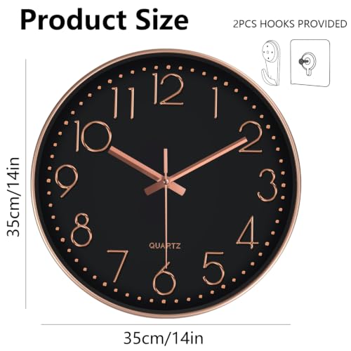 Modern Silent Wall Clock, 14 Inch Wall Clocks Battery Operated | Large Number, Non-Ticking Analog Clock with Tempered Glass Quartz Clocks for Living Room Bedroom Office Kitchen, Black Rose - color: Black Rose Gold, size: 14 Inch