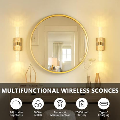 Battery Operated Wall Sconces Set of 2, 20000mAh Rechargeable Wall Light | Remote Control 3000K-6000K Dimmable LED Wireless Sconces,Gold,15.6 Inch - color: Gold, size: 15.6 Inch