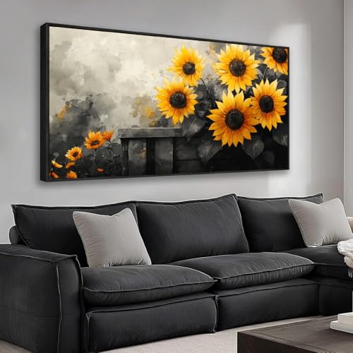 The Mode Art Sunflower Wall Art Canvas Painting, 30 x 58 inches, Black and Yellow Flower Canvas Prints Rustic Farmhouse Sunflower Pictures For Living Room Bedroom Wooden Frame - color: Yellow/Gray, size: 58"L x 30"W