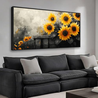 The Mode Art Sunflower Wall Art Canvas Painting, 30 x 58 inches, Black and Yellow Flower Canvas Prints Rustic Farmhouse Sunflower Pictures For Living Room Bedroom Wooden Frame - color: Yellow/Gray, size: 58"L x 30"W